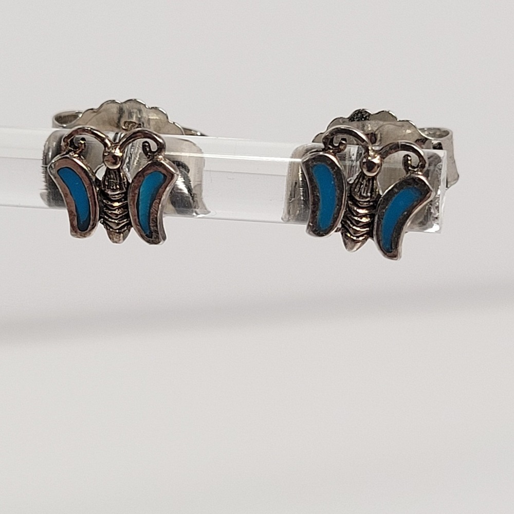 Sterling Butterfly Stud Earrings 925 Signed BBJ Silver Enamel Small Jewelry TINY